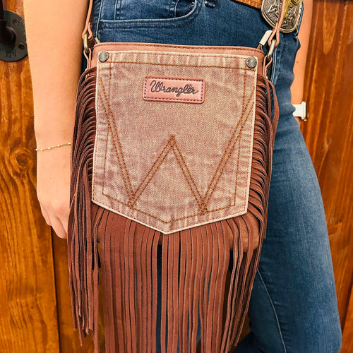 LIGHT COFFEE WRANGLER FRINGE DENIM POCKET CROSSBODY
