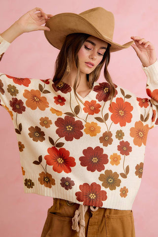 RETRO FLORAL PRINTED V NECK RELAXED FIT KNIT SWEATER