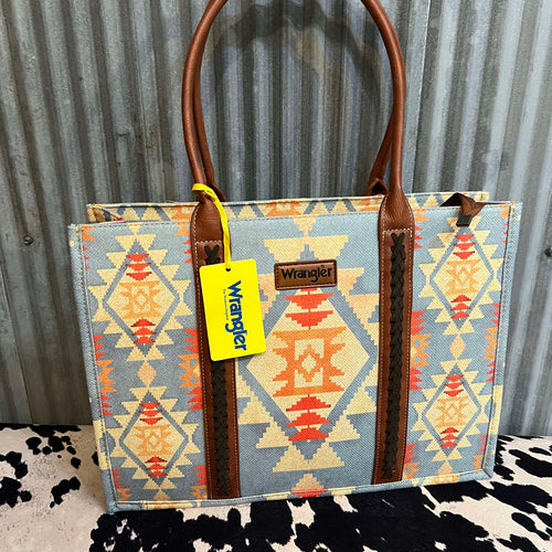 LIGHT BLUE WRANGLER SOUTHWESTERN PATTERN DUAL SIDED PRINT CANVAS WIDE TOTE