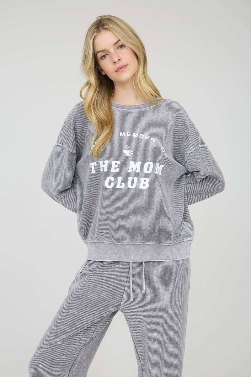 MOM CLUB GRAPHIC WASHED LONG SLEEVE RIB KNIT TOP