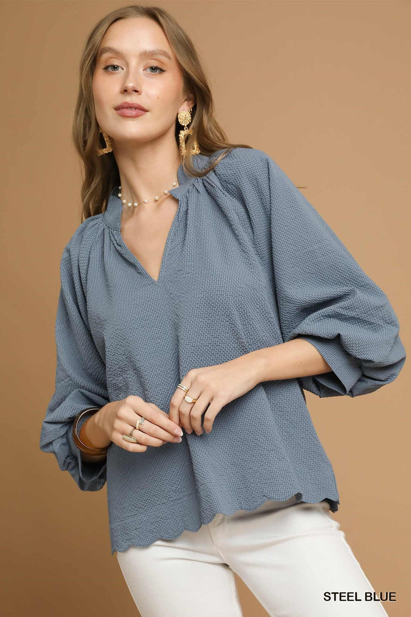 Plit V Neck Top with Balloon Sleeves
