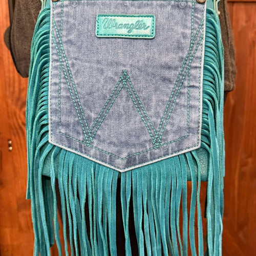 TEAL WRANGLER FRINGE DENIM POCKET CROSSBODY