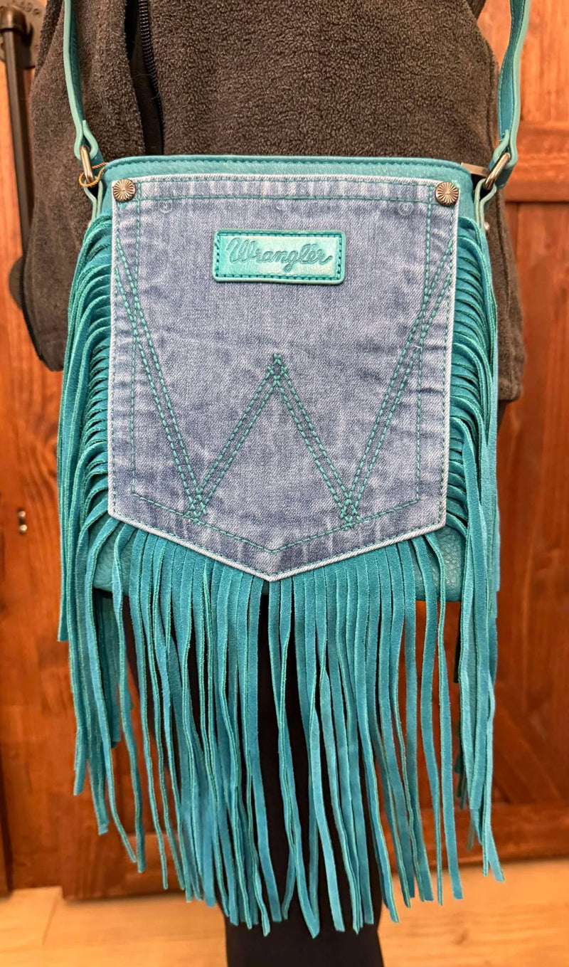 TEAL WRANGLER FRINGE DENIM POCKET CROSSBODY
