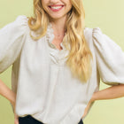 Linen Scallop Trim V-Neck Top
