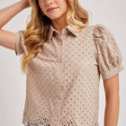 EYELET LACE TRIMMED BUBBLE SLEEVE SHIRT BLOUSE