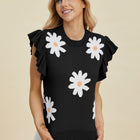Double Take Full Size Ruffled Flower Round Neck Cap Sleeve Sweater