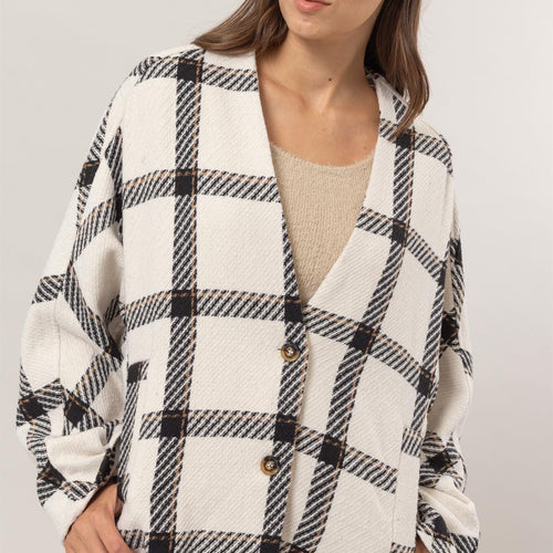 HYFVE Plaid Long Sleeve Jacket with Side Slit Pockets