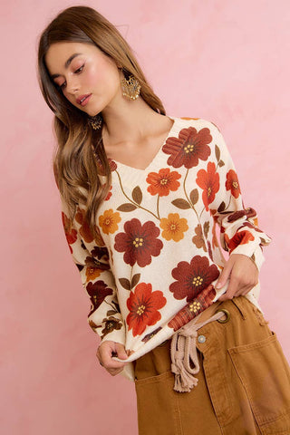 RETRO FLORAL PRINTED V NECK RELAXED FIT KNIT SWEATER