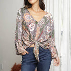 FLORAL LONG SLEEVE FLOWY TOP WITH FRONT TIE