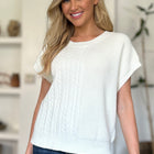 Double Take Full Size Cable-Knit Round Neck Short Sleeve Sweater