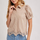 EYELET LACE TRIMMED BUBBLE SLEEVE SHIRT BLOUSE