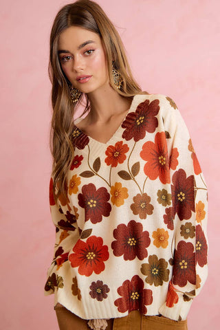 RETRO FLORAL PRINTED V NECK RELAXED FIT KNIT SWEATER