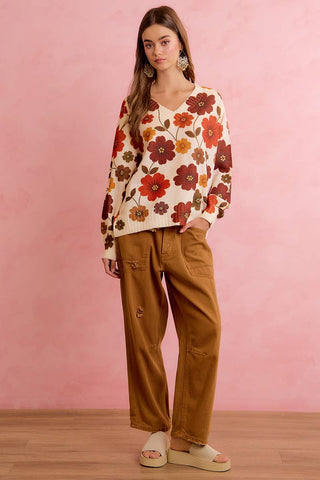 RETRO FLORAL PRINTED V NECK RELAXED FIT KNIT SWEATER