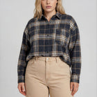 PLAID BOXY BUTTON COLLARED LONG SLEEVE SHIRT