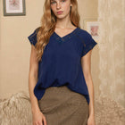 V NECK LACE TRIM CAP SLEEVE TOP