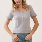 Ruffle Trim Pointelle Knit Henley Top