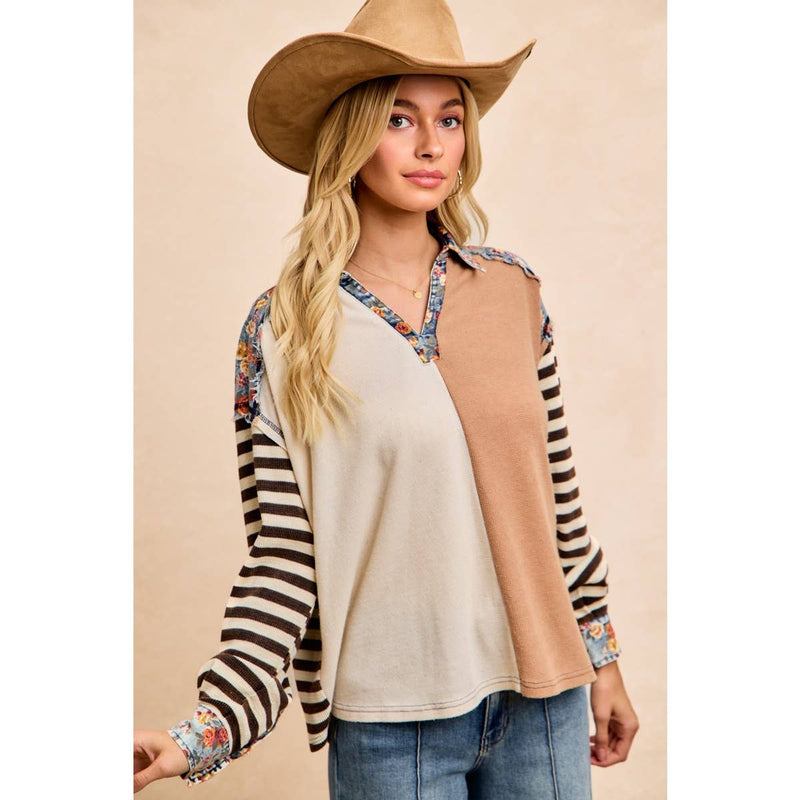 CUT EDGE FLORAL DENIM WAFFLE MIX AND MATCH TOP
