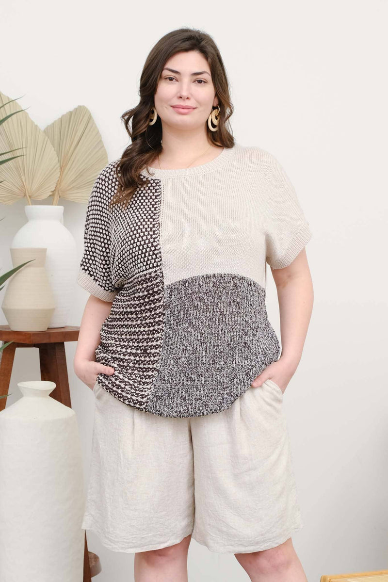 MULTI PATTERN COLORBLOCK SHORT SLEEVE SWEATER