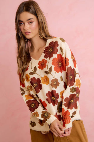 RETRO FLORAL PRINTED V NECK RELAXED FIT KNIT SWEATER