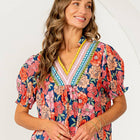 Relaxed Fit Floral Embroidered V Neck Top