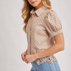 EYELET LACE TRIMMED BUBBLE SLEEVE SHIRT BLOUSE