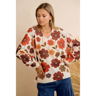 RETRO FLORAL PRINTED V NECK RELAXED FIT KNIT SWEATER