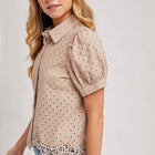 EYELET LACE TRIMMED BUBBLE SLEEVE SHIRT BLOUSE