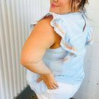 Chambray Embroidered Flutter Sleeve Top
