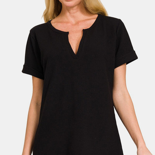 Zenana Notched Short Sleeve Waffle T-Shirt