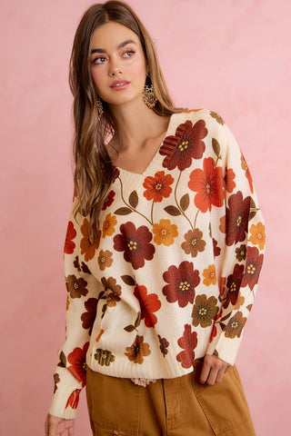 RETRO FLORAL PRINTED V NECK RELAXED FIT KNIT SWEATER