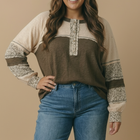 Round Neck Floral Color Block Cotton Slub Top