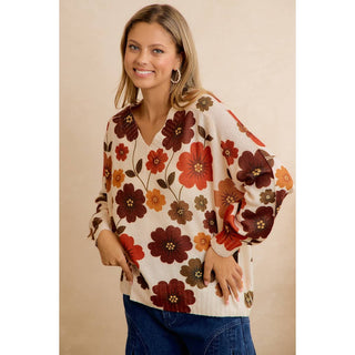 RETRO FLORAL PRINTED V NECK RELAXED FIT KNIT SWEATER