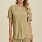 Basic Bae Full Size Ribbed V-Neck Short Sleeve Top and Shorts Set