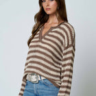 STRIPE RAW EDGE SPLIT NECK SHEER KNIT SWEATER