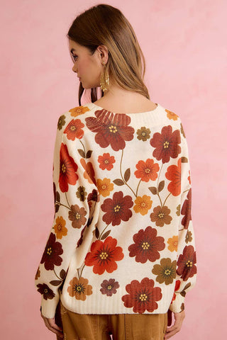 RETRO FLORAL PRINTED V NECK RELAXED FIT KNIT SWEATER