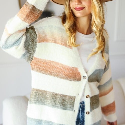 Haptics Full Size Button Down Stripe Soft Fuzzy Sweater Cardigan