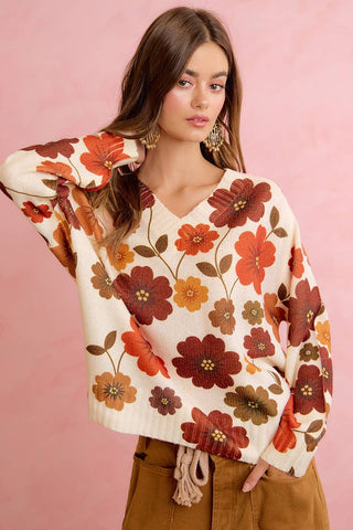 RETRO FLORAL PRINTED V NECK RELAXED FIT KNIT SWEATER