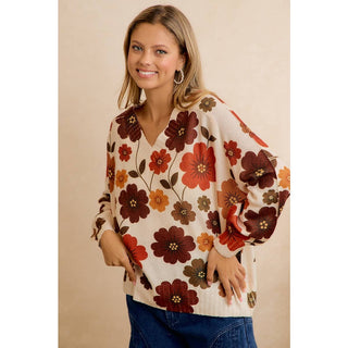 RETRO FLORAL PRINTED V NECK RELAXED FIT KNIT SWEATER
