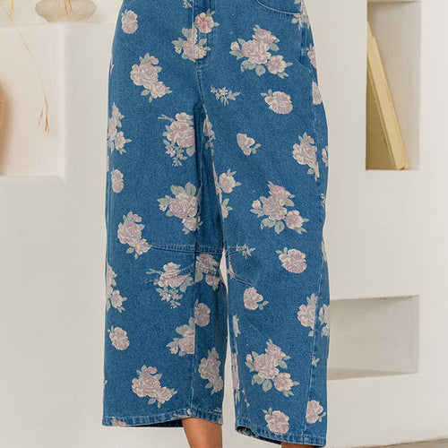 Relaxed Fit Floral Denim Wide Leg Pants