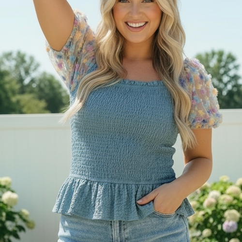 Smocked Peplum Top with Floral Puff Sleeves