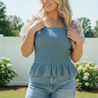 Smocked Peplum Top with Floral Puff Sleeves