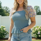Smocked Peplum Top with Floral Puff Sleeves
