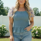Smocked Peplum Top with Floral Puff Sleeves