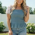 Smocked Peplum Top with Floral Puff Sleeves