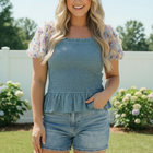 Smocked Peplum Top with Floral Puff Sleeves