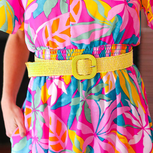 Yellow Woven Square Buckle Stretchy Belt