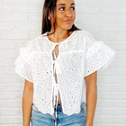 Classy As Heck Eyelet Front Tie Top in Off White