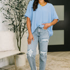 Counter Part Crinkle Woven V-Neck Top in Cornflower Blue