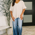 Counter Part Crinkle Woven V-Neck Top in Sand Beige