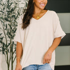 Counter Part Crinkle Woven V-Neck Top in Sand Beige